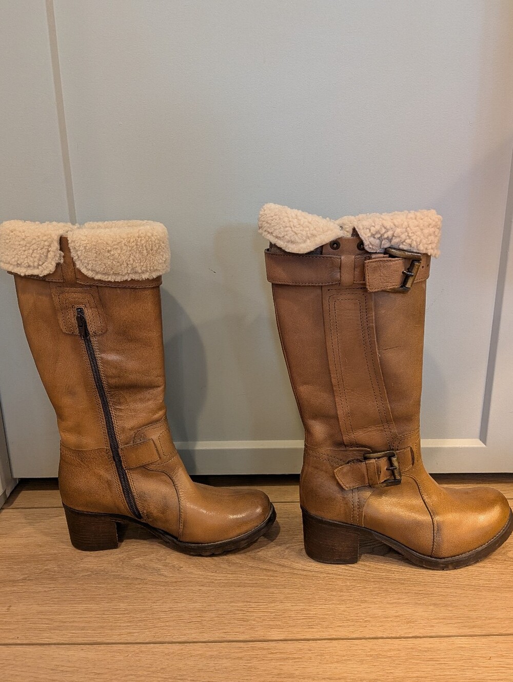 MANAS Brown Leather Shearling Trim Boots Buckle Block Heel size 37/US 6